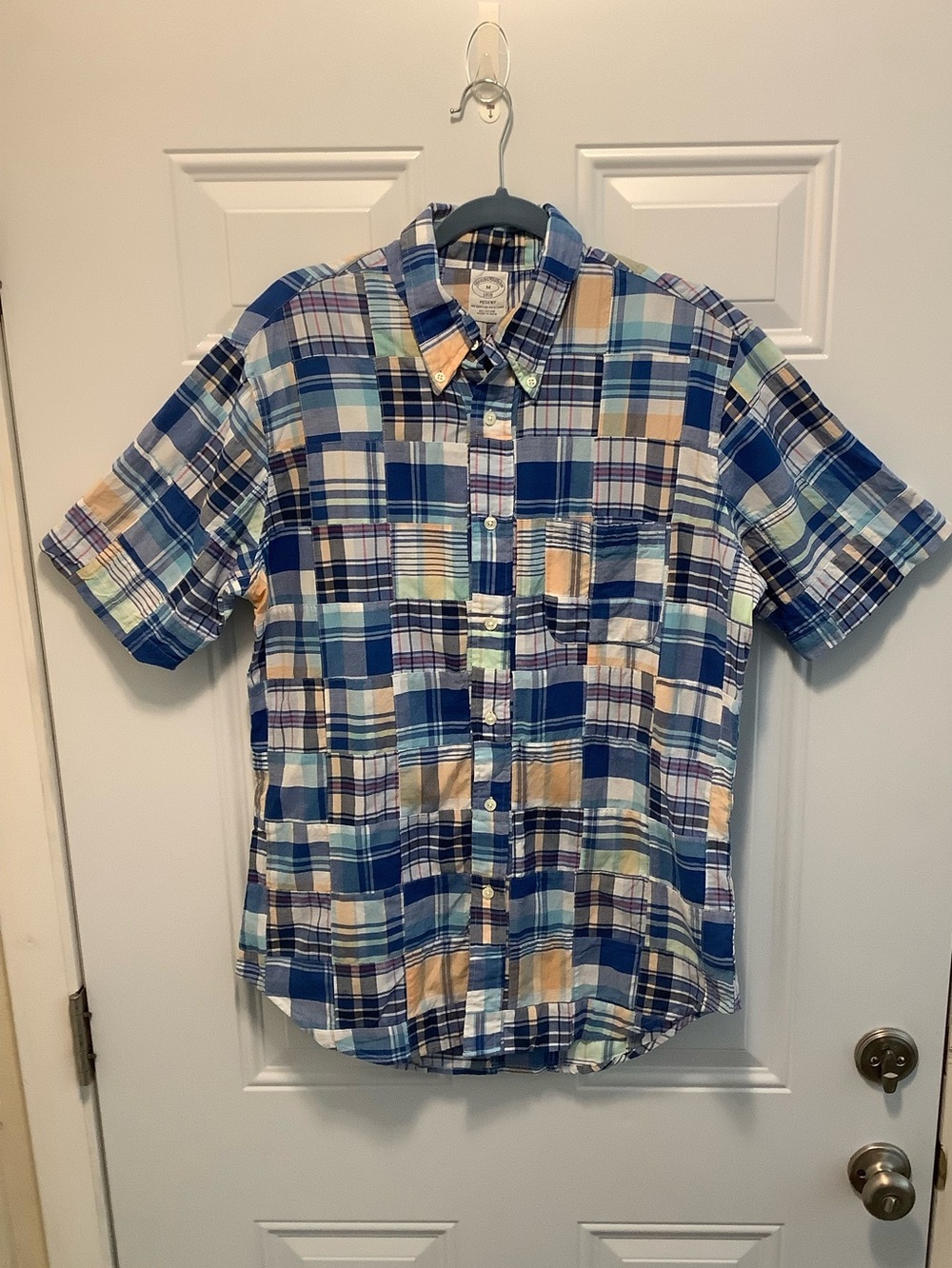 Brooks Brothers| Cotton Patchwork Madras Button-Down Collar, Short-Sleeve Sz M